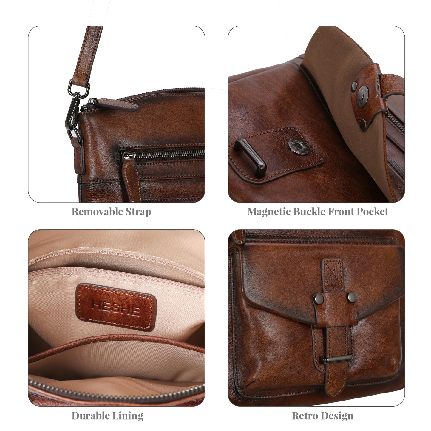 HESHE Crossbody Bags Leather Purse Vintage Shoulder Hangbags Satchel Bag with Multi Pockets Hobo Crossbody Purses(Coffee)