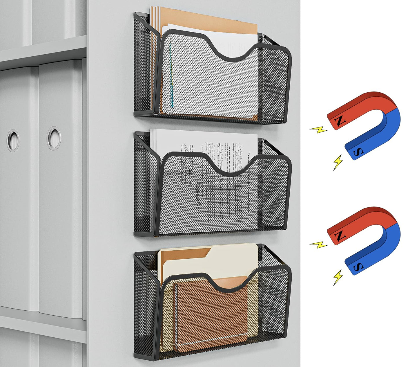 JANE EYRE Magnetic File Holder - 3PCS File Paper Mail Organizer No Drilling Magazine Paper Document Holder/Magnetic Hanging File Organizer for File Cabinets, Office, Whiteboard, BLACK