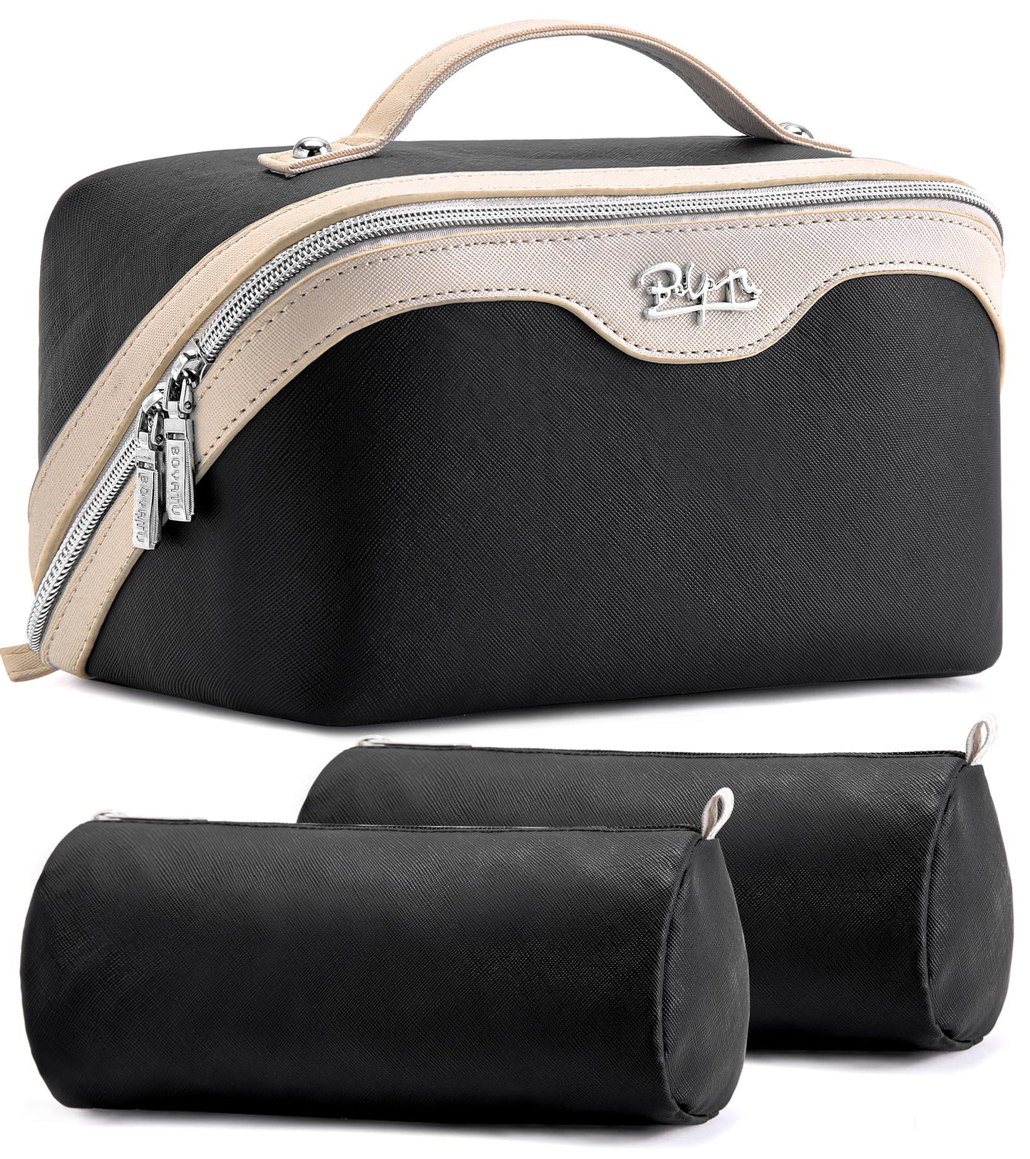 BOYATU Travel Makeup Bag Organizer Cosmetic Bag: 3 Pcs Set Make up Bags for Women with Handle - Waterproof Vegan Leather Toiletry Bags Travel Essentials Pouch with Compartments (A-01-Black)