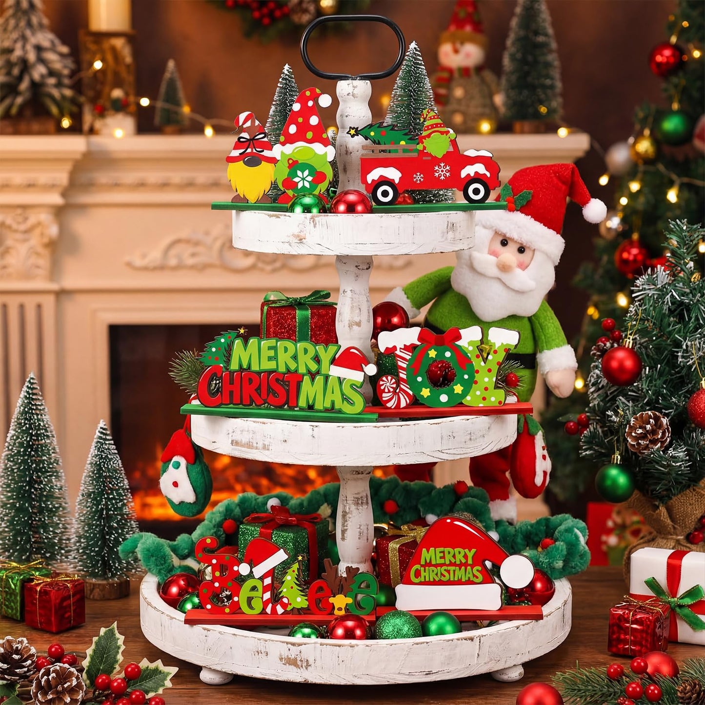 Realspring 6 Pcs Christmas Table Decorations Merry Christmas Wooden Centerpieces Table Decor Joy Wood Gingerbread Gnome Tabletop Xmas Tree Standing Signs for Home Winter Xmas Theme Party Supplies