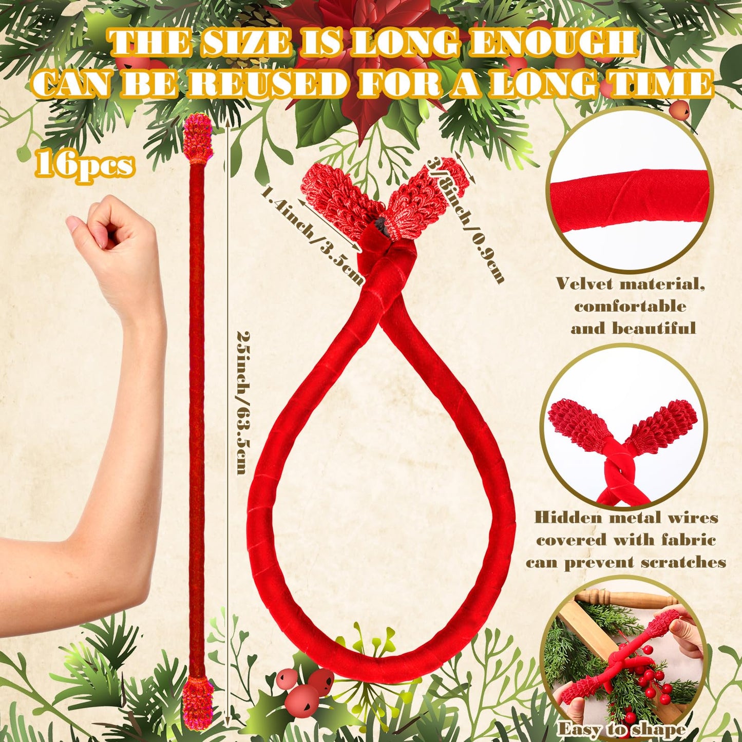 Jutom 16 Pcs 20 Inches Christmas Velvet Garland Ties Decorative Banister Twist Ties Reusable and Flexible for Xmas Light Banisters Home Stairways Railings Decoration(Red)