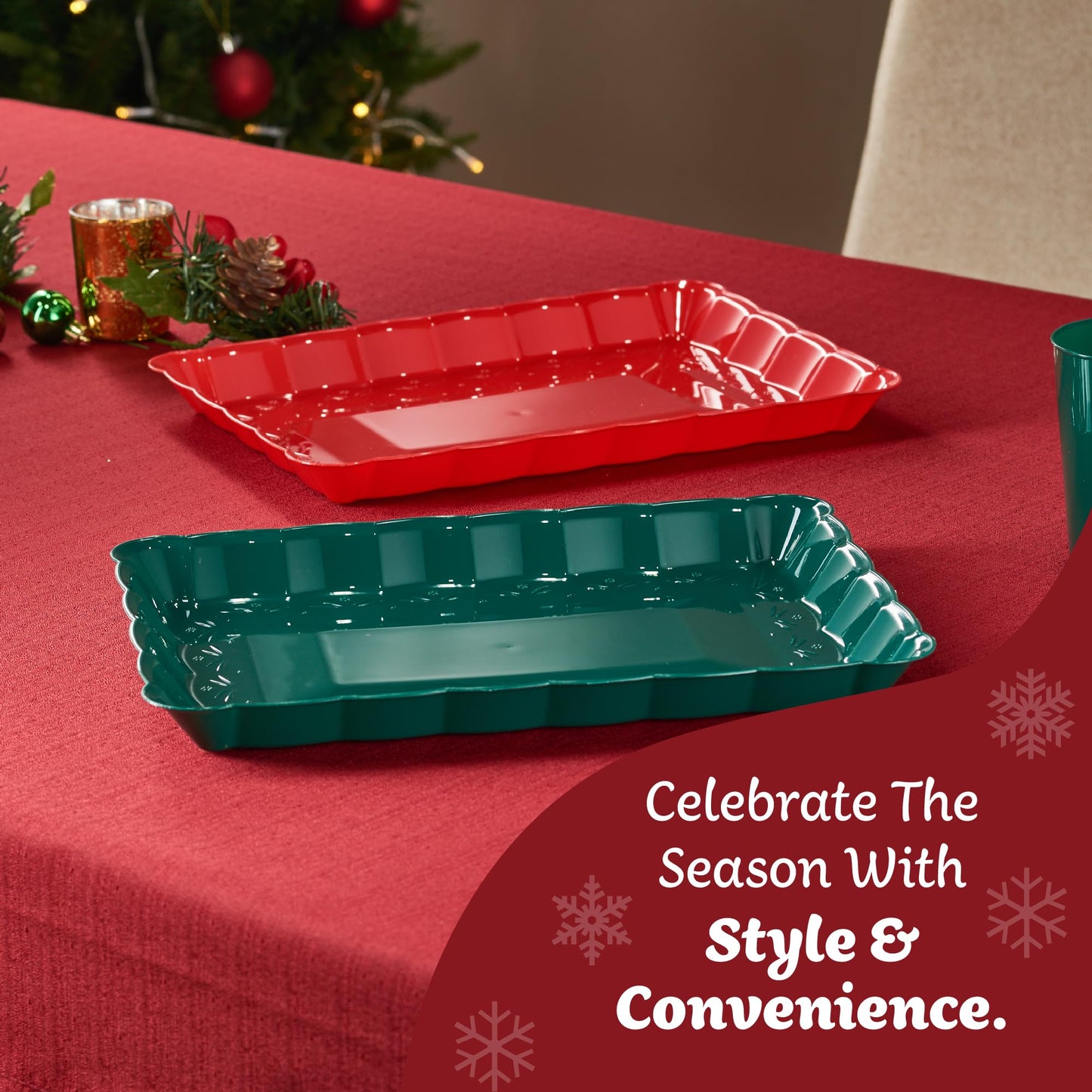 Plasticpro Plastic Serving Trays - Serving Platters Rectangle 9X13 Disposable Party Dish Includes 2 Green & 2 Red Christmas Trays