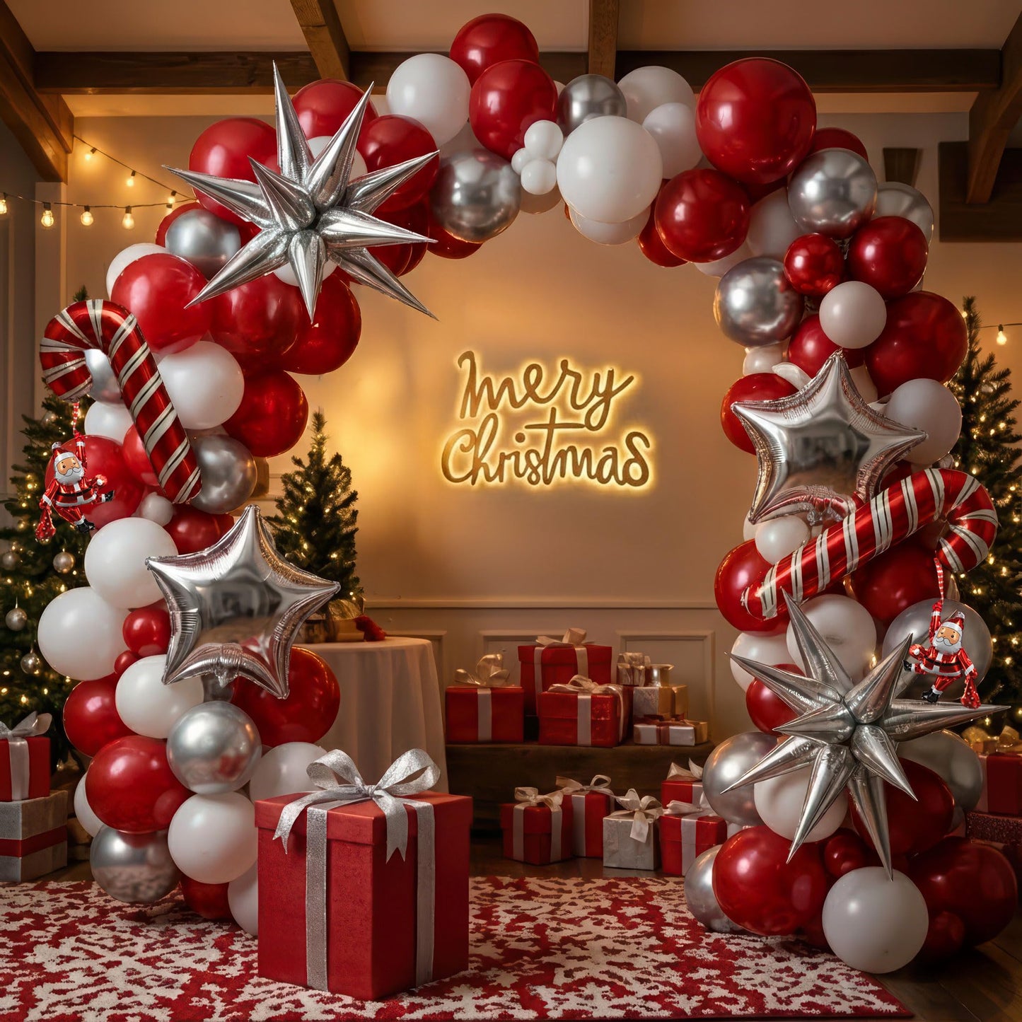 Red Christmas Party Decorations with Balloon Garland Arch Kit & Red White Silver Cane Candy Explosion Star Foil Balloons for Winter Xmas New Year eve Birthday Decorations