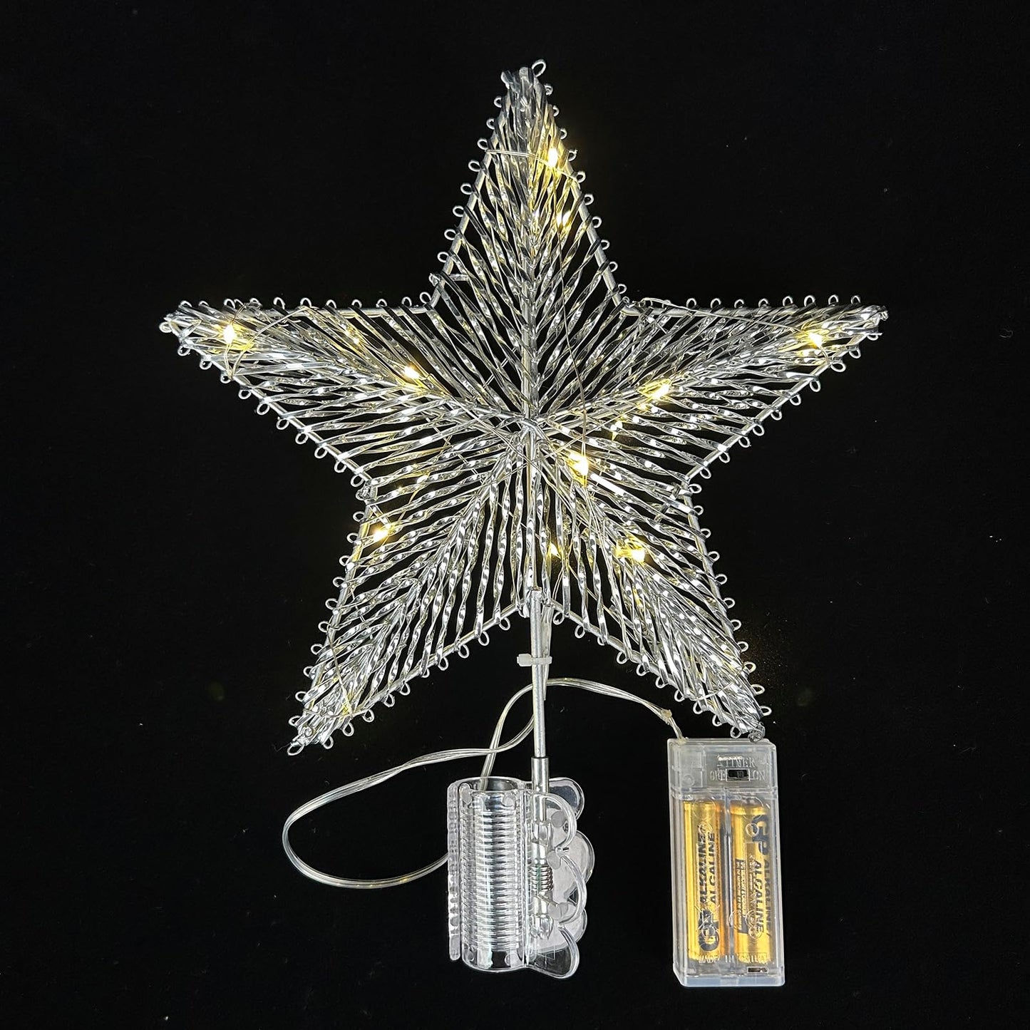 ZZZ TYLOO 11 Inch Silver Star Christmas Tree Topper, 15 LED Lighted, Metal Frame with Hand-Woven Shiny Silver PVC, Clip-On Base, Xmas Star Tree Decoration for Home
