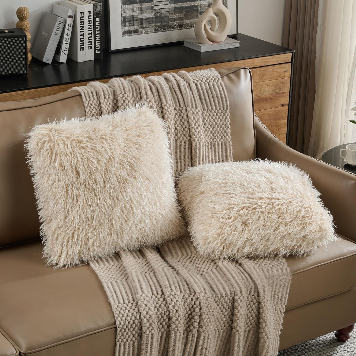 FUTEI Pack of 2 Shaggy Mongolian Faux Wool Throw Pillow Covers 18x18 Inch Soft Fluffy Farmhouse Decorative Cushion Case for Couch Bed Living Room, Beige
