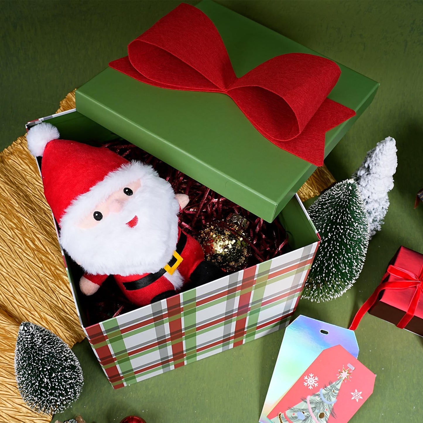 LaRibbons Large Christmas Gift Boxes with Lids,10x10x10 Inches Plaid Design Folding Square Gift Boxes for Christmas Decorative,Xmas,Present,Storage,Red and Green