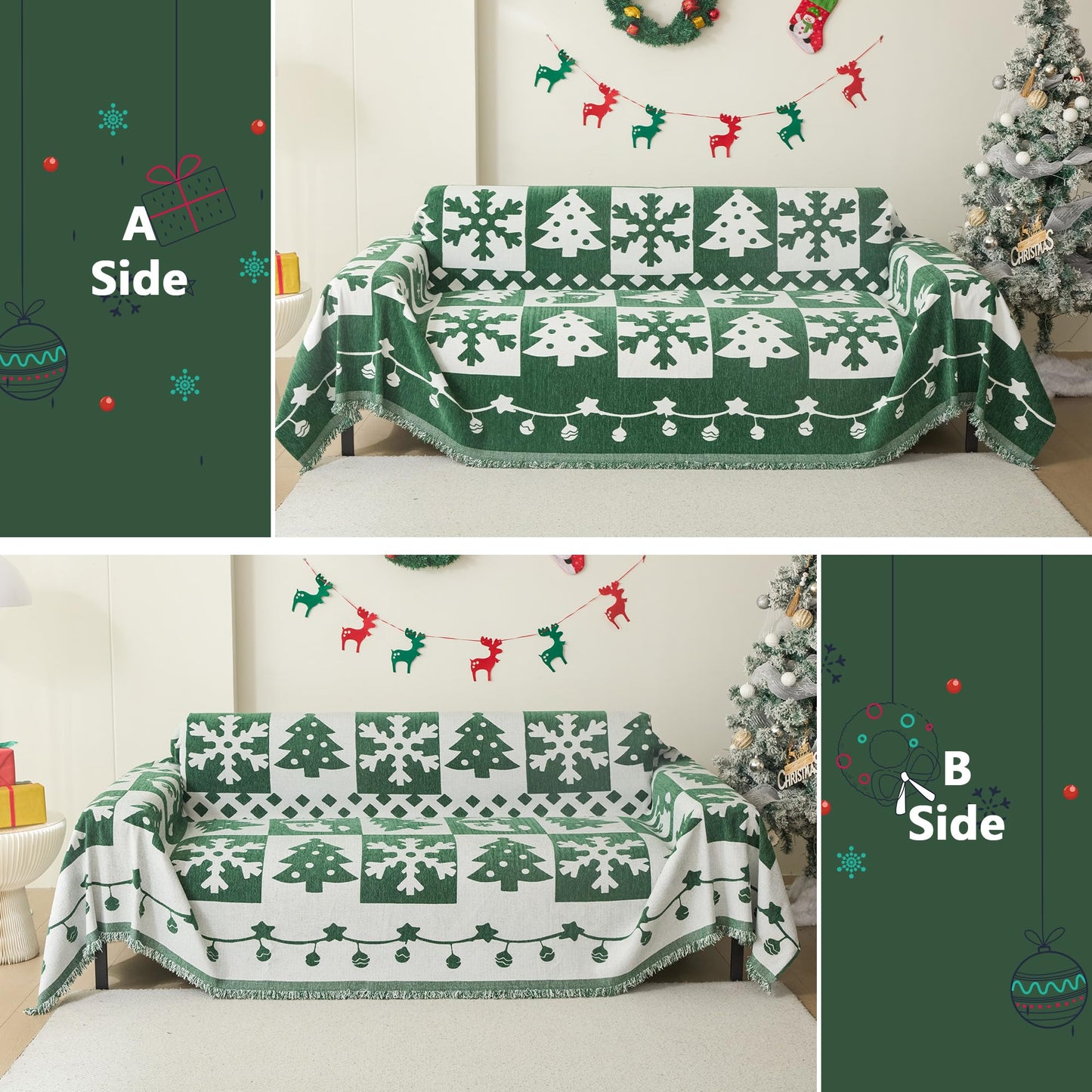 MEETSKY Christmas Couch Cover for Sectional Sofa, Chenille Loveseat Green Sofa Covers Washable for Pet Friendly Snowflake Christmas Tree Decorative Couch Covers, 71" x 102"