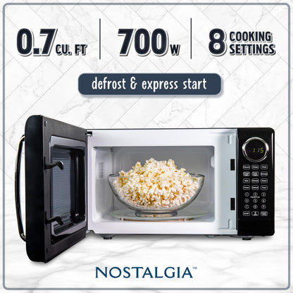 Nostalgia Retro Microwave Oven - 0.7 Cu Ft, 700-Watt Countertop Size with Glass Turntable, Child Safety Lock, 8 Auto-Cook Programs, Digital Clock - Aqua