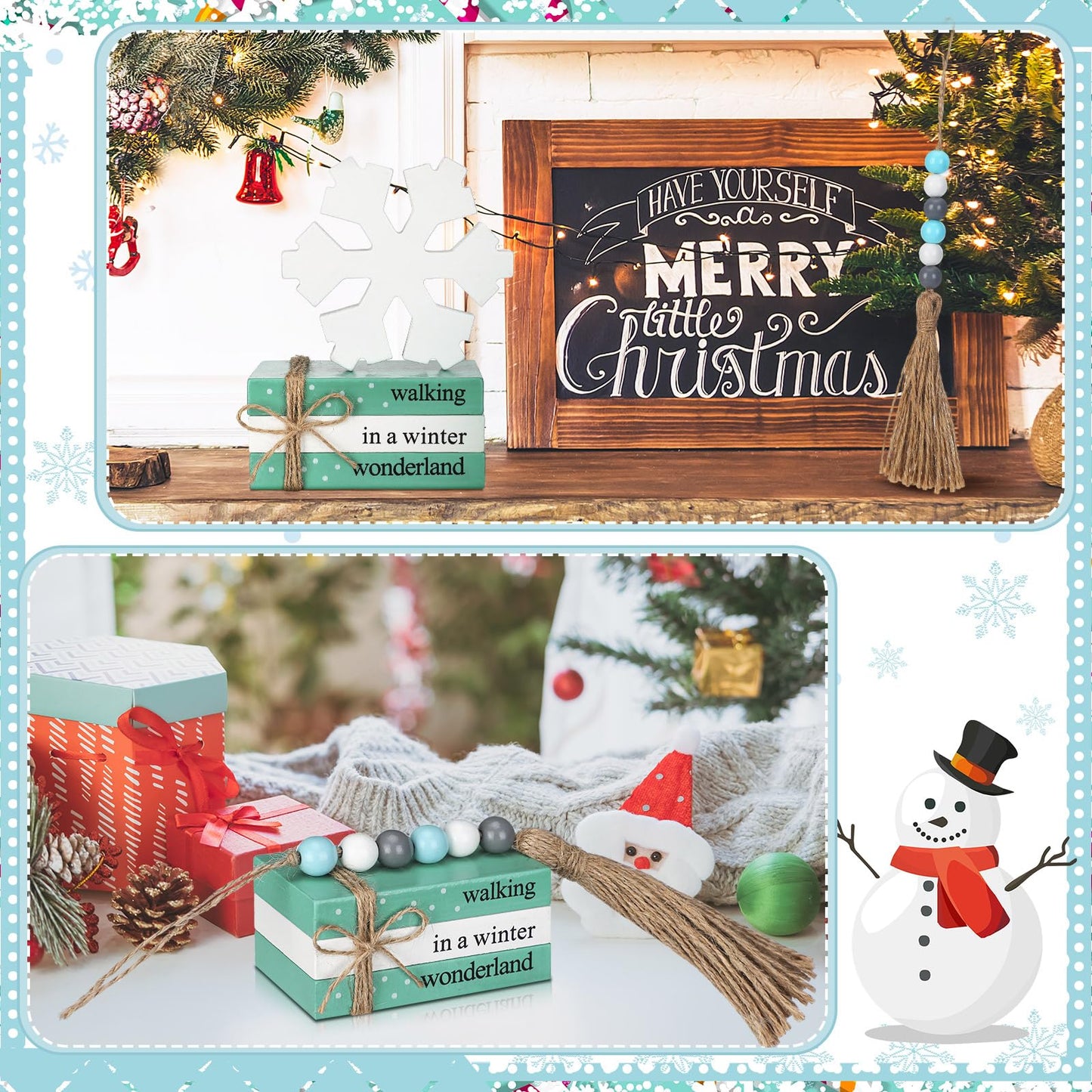 Yalikop 5 Pcs Winter Decor for Home Office Snowflake Wood Sign Blue White Snowflake Table Centerpiece Faux Books Bundle with Twine Beads String for Winter Decorations Wonderland Tiered Tray Decor