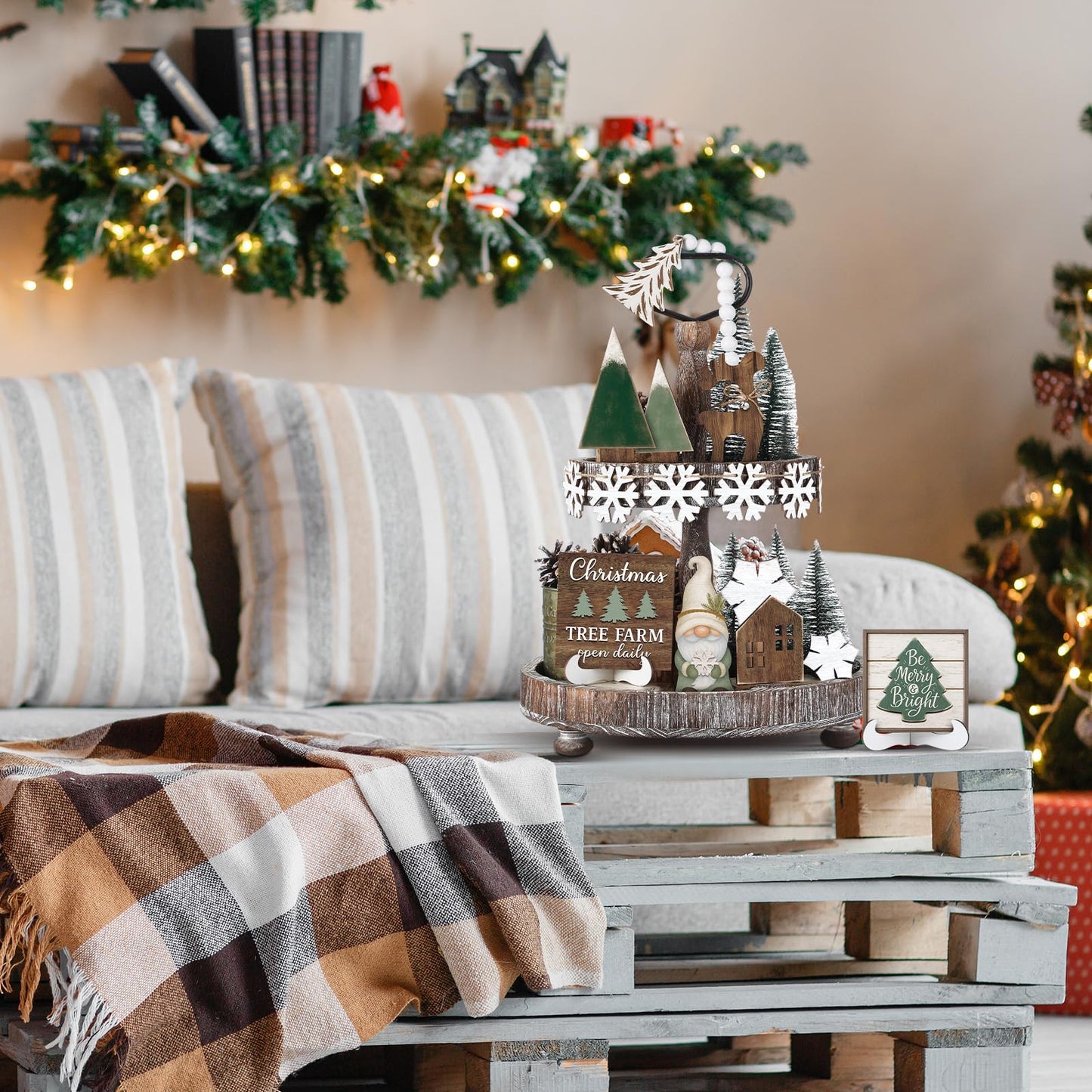 Yalikop 20 Pcs Neutral Sage Green Christmas Tiered Tray Decor Set Farmhouse Rustic Snowflake Xmas Tree Wood Table Centerpiece Decoration Tabletop Sign for Winter Home Kitchen Festival