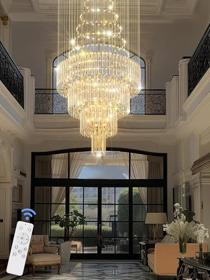 D32''X H110'' Modern Crystal Raindrop Gold Chandelier Lighting for Entrance, Stairs, Doorway, Crystal Ornament Chandelier Can be Used on Sloping Ceiling