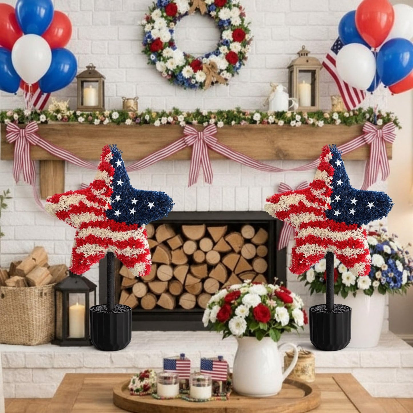Sureio 2 Pack Patriotic Front Porch Decorations 25.6 Inch Red White Blue Star Topiary Trees for 4th of July Outdoor Decor Front Door Entryway Garden Independence Day