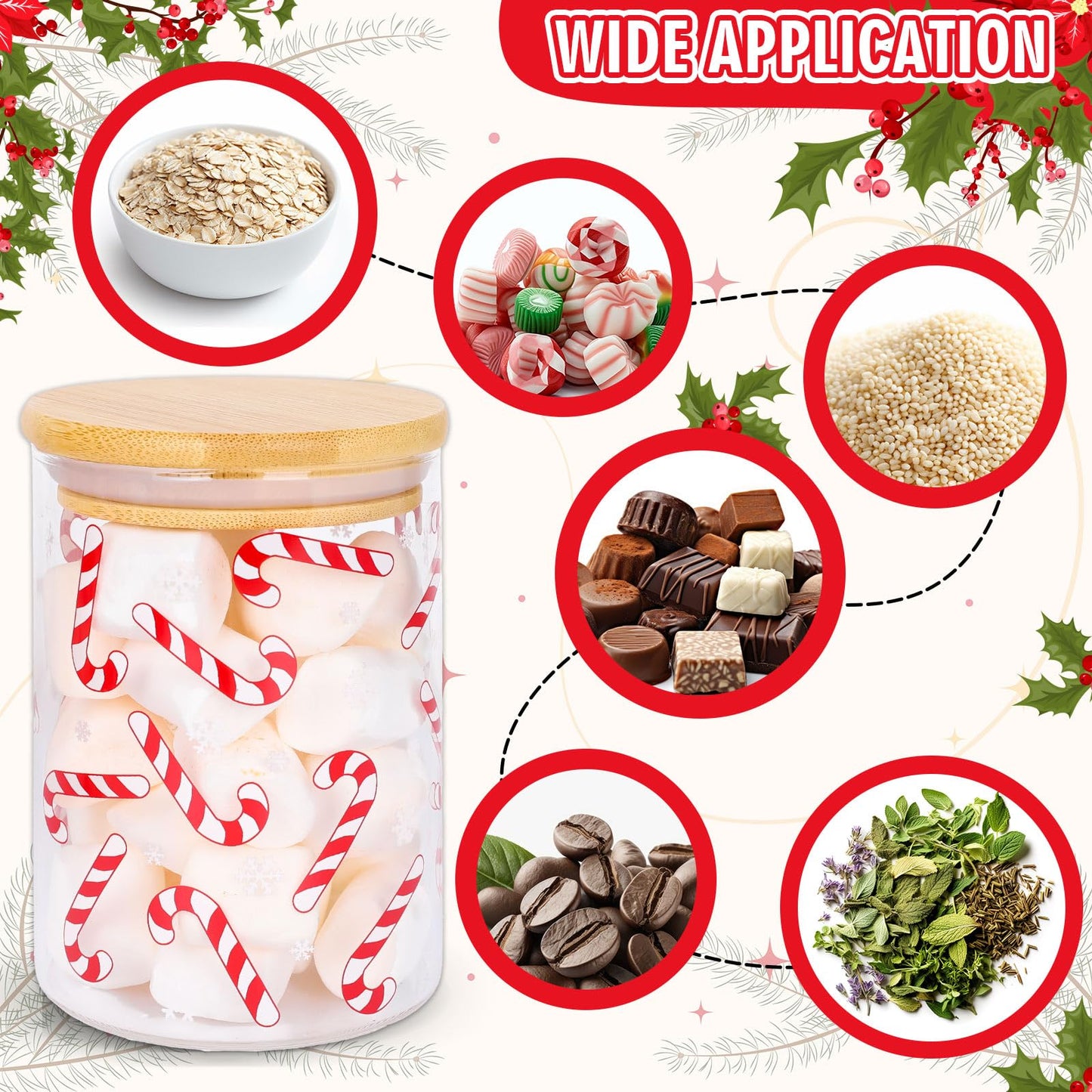 JarThenaAMCS 3Pcs Christmas Glass Storage Jars Red White Candy Cane Gingerbread Man Clear Canisters Sets with Airtight Lid for Xmas Home Kitchen Countertop Decor