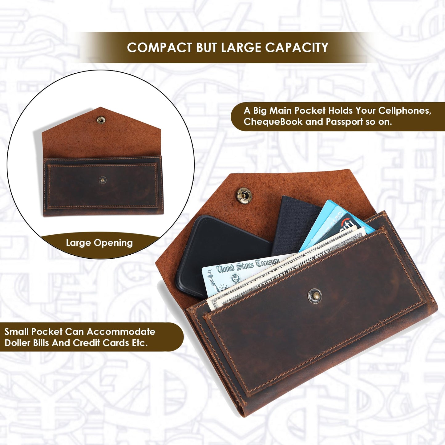 TheAntiq Brown Leather Cash Envelopes for Money - Small Money Pouch With Mobile Holder, Handmade Leather Wallets Currency Holder - Money Organizer for Cash Money Bag for Travel Wallets for Women