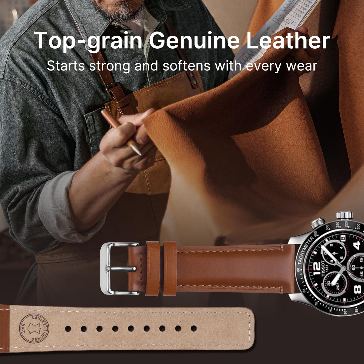 Fullmosa 18mm 20mm 22mm 24mm Leather Watch Bands, 2 Pack Soft Quick Release Watch Strap Compatible with Garmin Vivoactive 5/6/4/3, Venu 4/3S/2S, Samsung Galaxy Fossil Amazfit for Men Women,20mm Toffee Brown&Silver/Black&Black