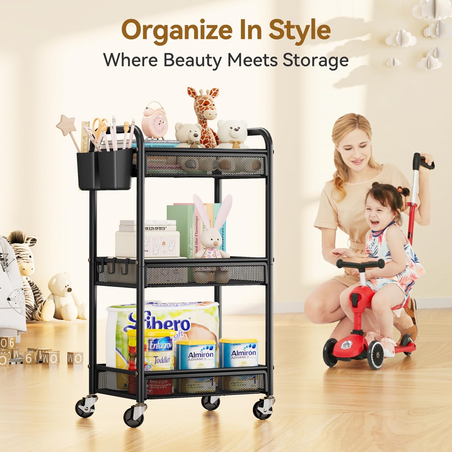 YASONIC 3 Tier Rolling Cart – Metal Utility Storage Carts with Wheels, Craft Cart Organizer with Hanging Cups, Hooks, Mesh Basket for Bedside Kitchen Office Art, Black