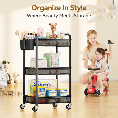 YASONIC 3 Tier Rolling Cart – Metal Utility Storage Carts with Wheels, Craft Cart Organizer with Hanging Cups, Hooks, Mesh Basket for Bedside Kitchen Office Art, Black
