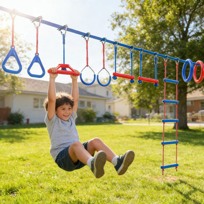 Wavmor Ninja Warrior Obstacle Course for Kids Backyard-1×50ft Slackline Kit with 10 Most Complete Accessories for Boys & Girls, Rope Ladder, Gymnastic Ring, Arm Trainer and Monkey Fist