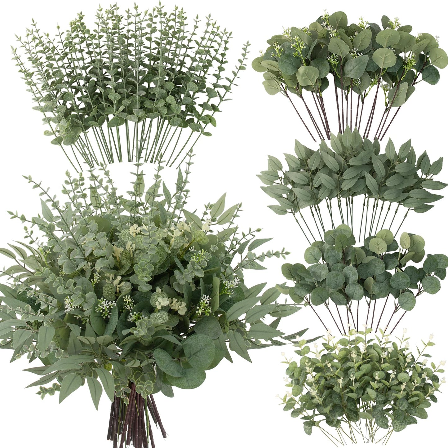 lovemoon 130 Pcs Artificial Mixed EucalyptusStems Bulk, 5 Kinds of Faux GreeneryEucalyptus Leaves Bulk for Vase Wedding DIY Bouquets Floral Arrangement Home Decor (130, Green)