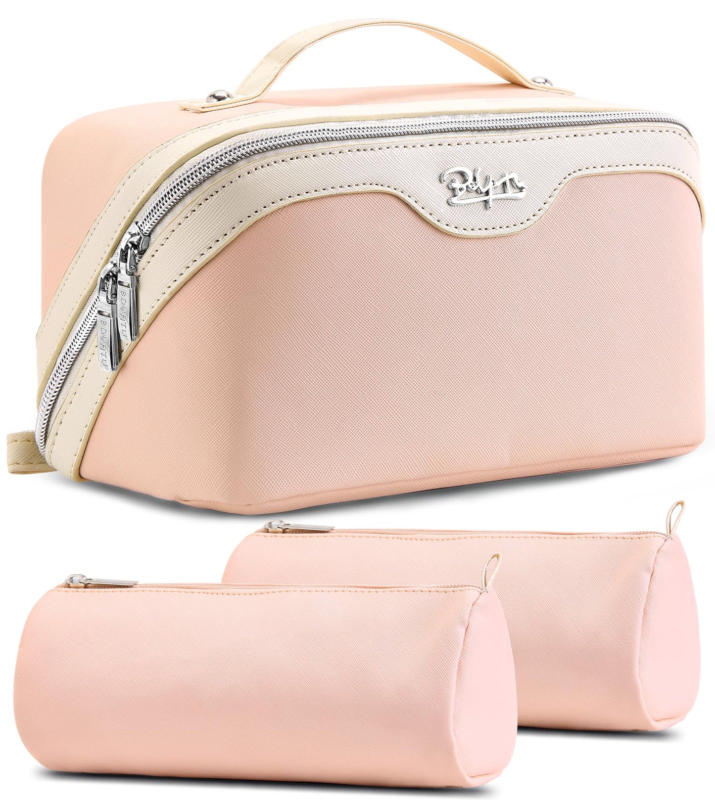 BOYATU Travel Makeup Bag Organizer Cosmetic Bag: 3 Pcs Set Make up Bags for Women with Handle - Waterproof Vegan Leather Toiletry Bags Travel Essentials Pouch with Compartments (A-09-Pink)