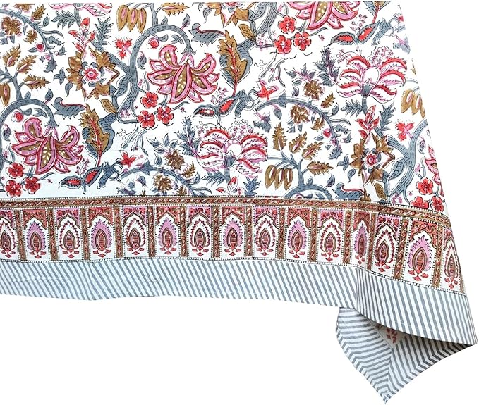 ATOSII Eden 100% Cotton Fall Tablecloth, Handblock Floral Print Rectangle Linen for Kitchen Dining I Parties Wedding Christmas Thanksgiving Outdoors I Spring Summer 60 X 108 Inches I 8 Seater Table