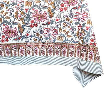 ATOSII Eden 100% Cotton Fall Tablecloth, Handblock Floral Print Rectangle Linen for Kitchen Dining I Parties Wedding Christmas Thanksgiving Outdoors I Spring Summer 60 X 108 Inches I 8 Seater Table