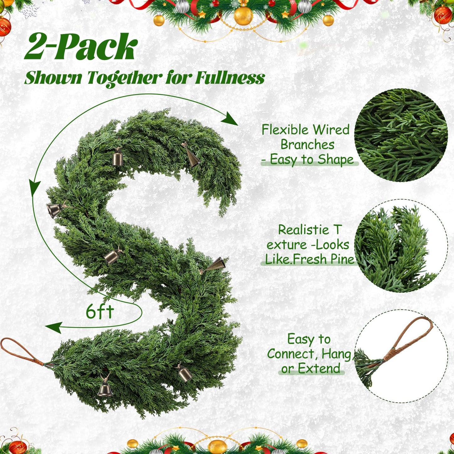 Giegxin 6 ft Christmas Decoration Cedar Garland with Cowbells for Mantel Christmas Lifelike Touch Evergreen Artificial Rustic Garlands for Farmhouse Home Table Centerpieces Fireplace Winter Xmas Decor