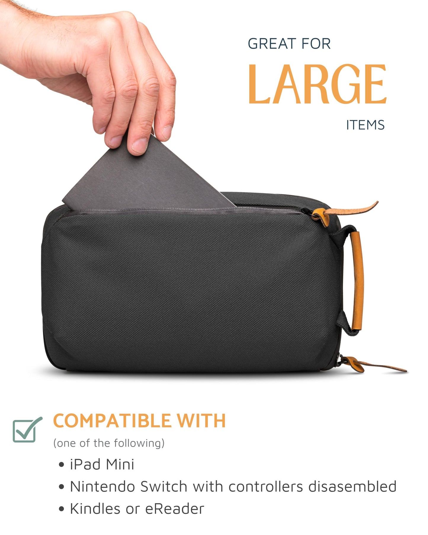 Tech Bag Organizer - Small Electronics Organizer Pouch for Travel - Premium Travel Case with Leather Accents - Mesh Pocket for Cables, Cords and Chargers (Black)