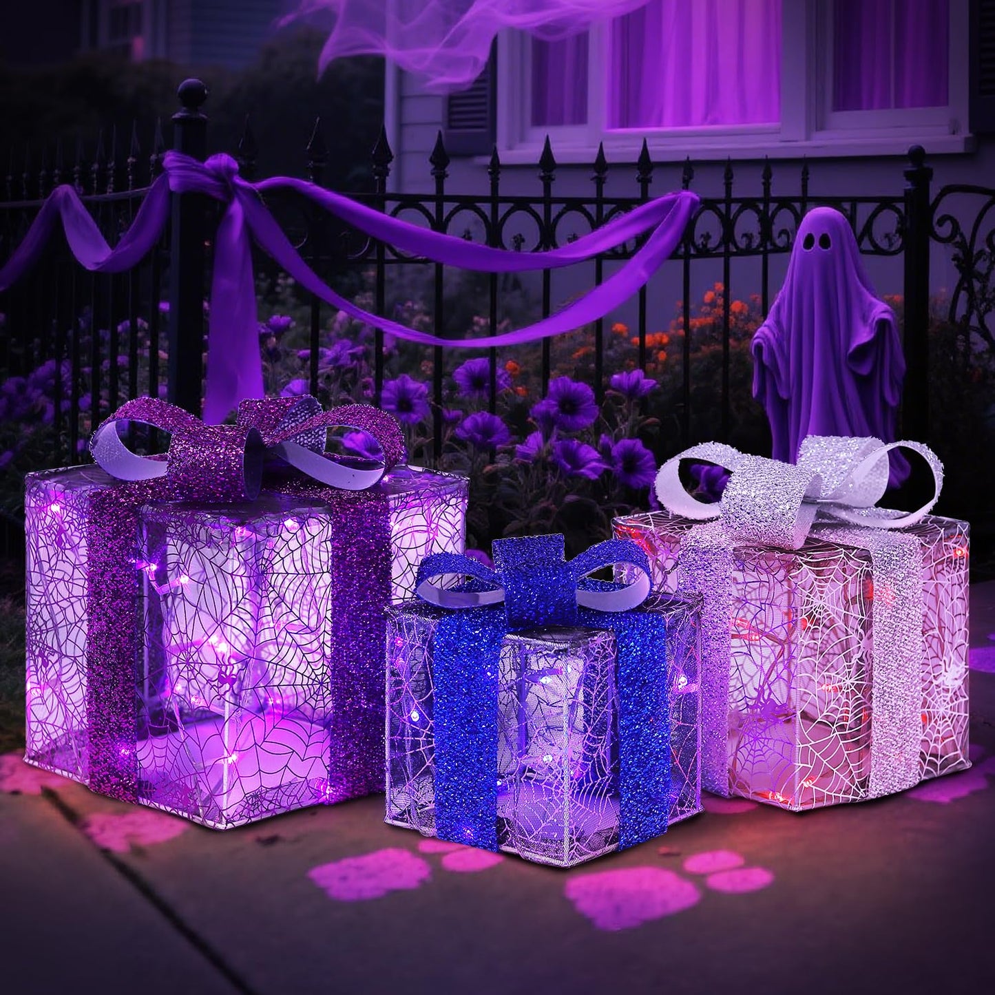 DomKom Set of 3 Halloween Christmas Lighted Gift Boxes Decorations, Plug-in 60 LEDs Metal Frame Present Box, Light Up Xmas Tree Skirt Ornament Decor for Yard Patio Lawn Party
