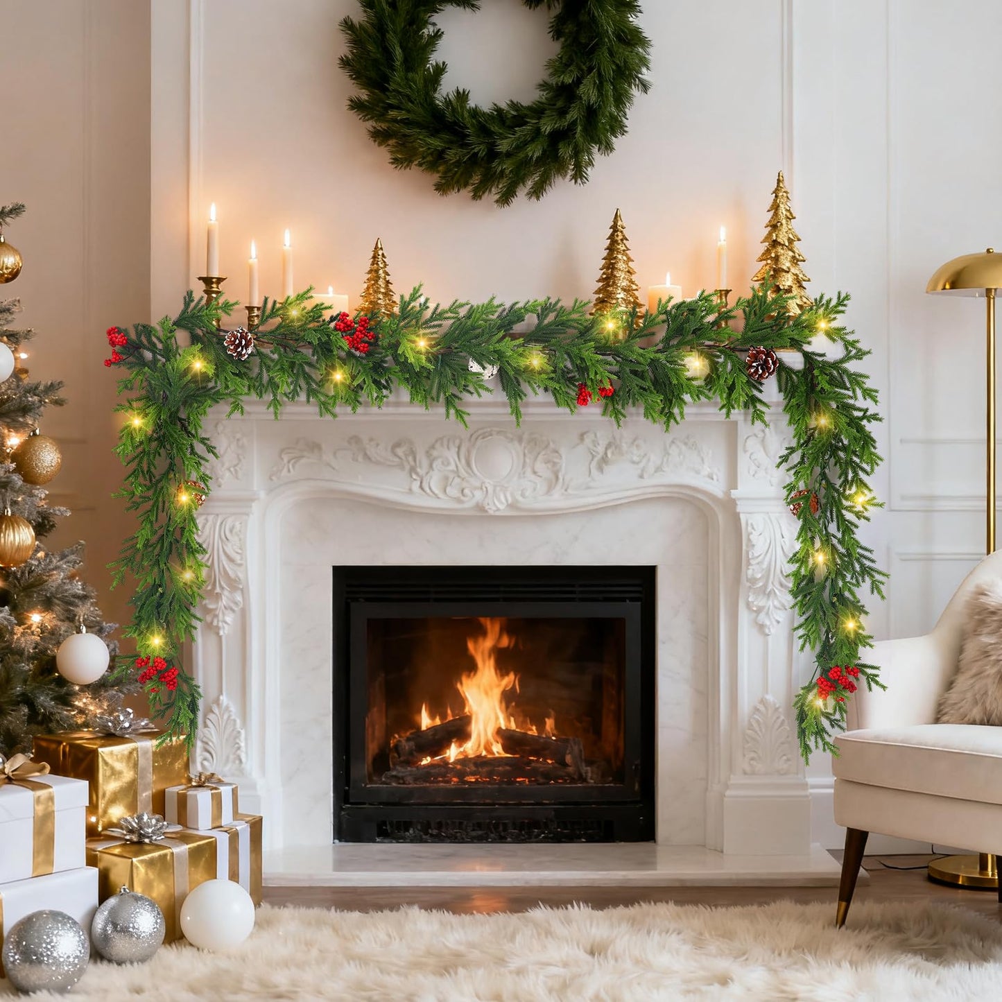 6FT Prelit Christmas Garland with Lights, Realistic Cedar Garland with Red Berries Pine Cone Artificial Real Touch Greenery Lighted Xmas Garland for Mantle Stair Railing Fireplace Decorations