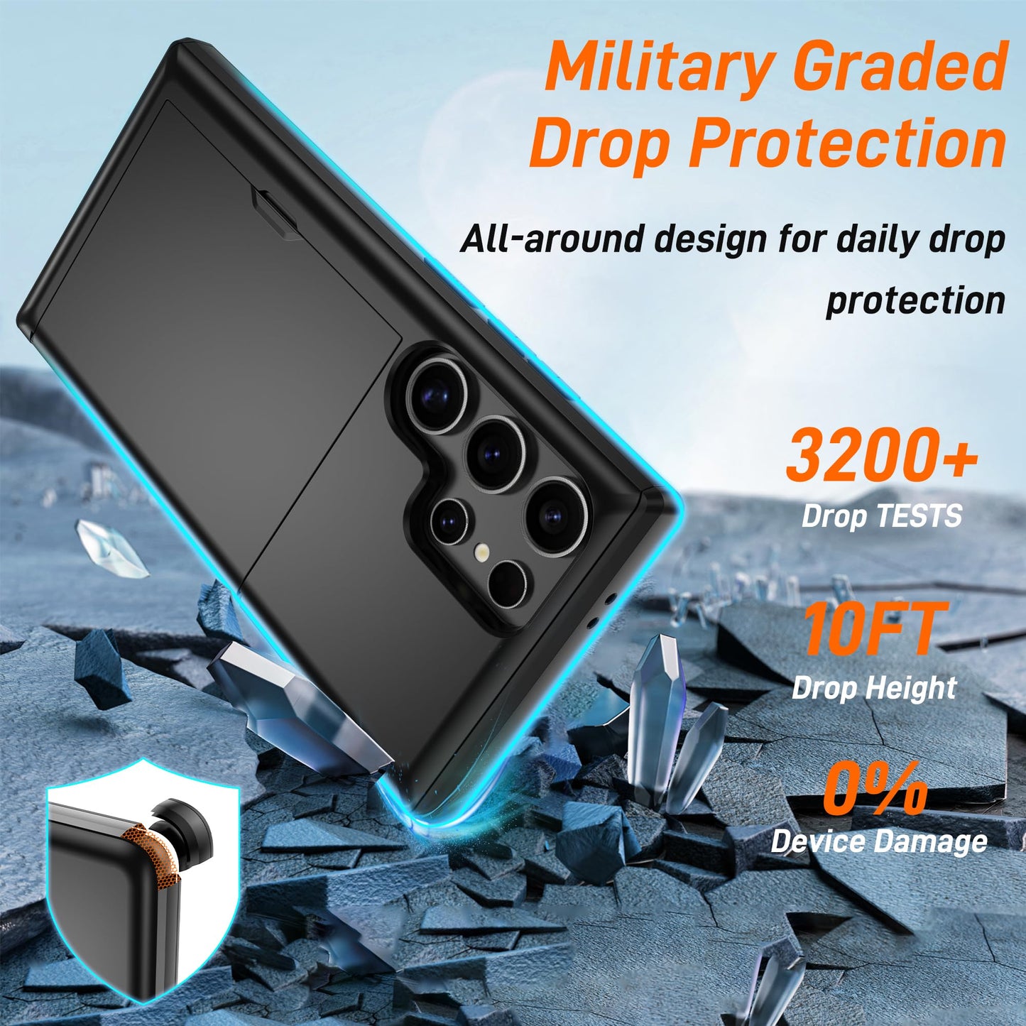 for Samsung Galaxy S24 Ultra with Card Holder, Dual-Layer Design & 2 HD Screen Protectors, Hidden Card Slot Wallet Case for Samsung S24 Ultra-Black