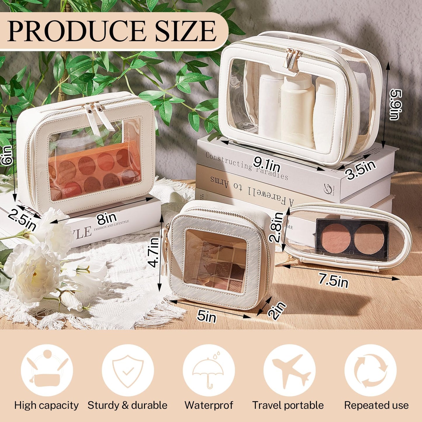 4 Pcs Leather Clear Makeup Bags Set for Women Travel Clear Cosmetic Case Toiletry Bags with Zipper Makeup Brush Case Waterproof Organizer Storage for Women Men Travel Accessories, 4 Sizes(White)