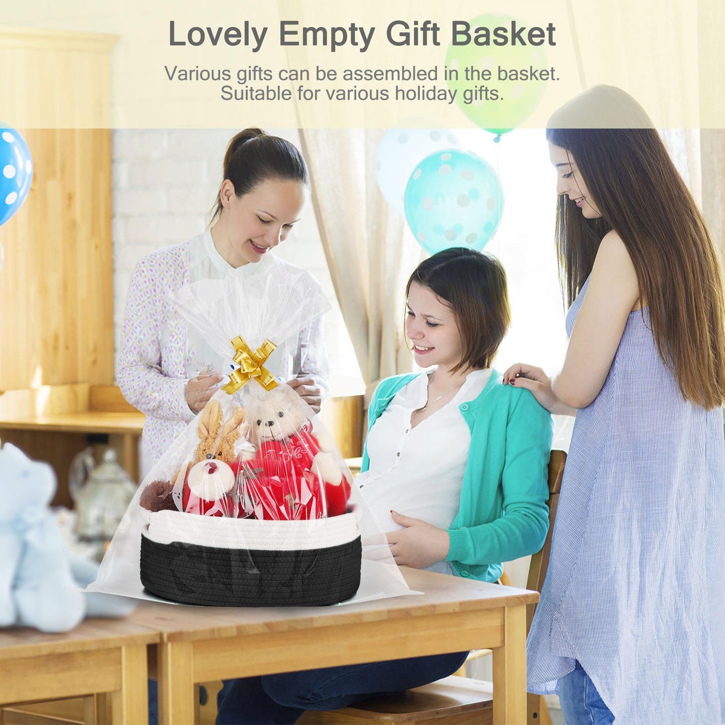 BOSROTY Small Woven Basket with Gift Bags and Ribbons, Empty Baby Gift Baskets for Kids Women Men, Shelf Storage, Small Cat Dog Pet Toy Boxes, 13”x 9”x 5.5”, Black