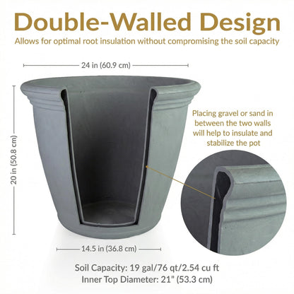 Sunnydaze 24-Inch Anjelica Large Plastic Pot for Plants - Outdoor Double-Walled Large Plastic Planter with Drillable Drainage Holes - Light Gray - 2pk