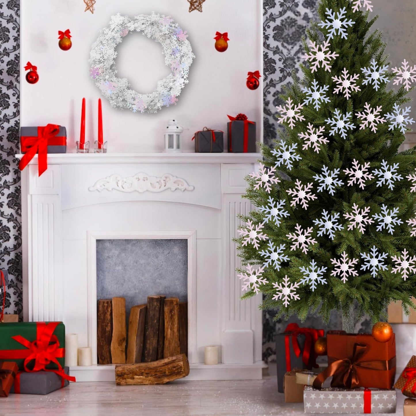 PMU 150 Ft Snowflake White Iridescent, Wire Shiny Garland - Halloween, Christmas Party, Wedding, Birthday, Festive Home Decoration Ornament (6pc-25 Ft Each)