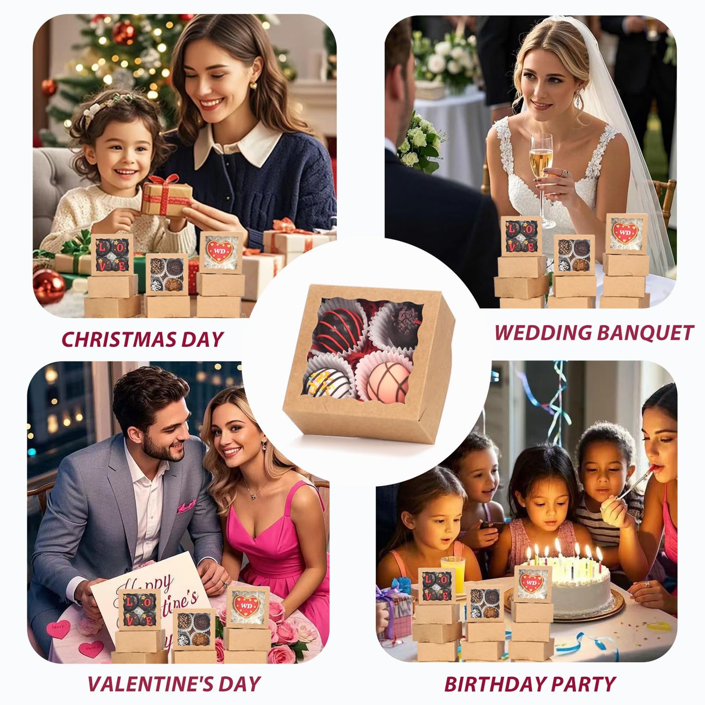 JCXGRVC 50 Pack Cookie Boxes with Window 4x4x2 Inch,Bakery Boxes, Chocolates Strawberries,Treat Boxes, Mini Cake Boxes, Pastry Dessert Boxes for Candy, Cupcakes- Brown Paper