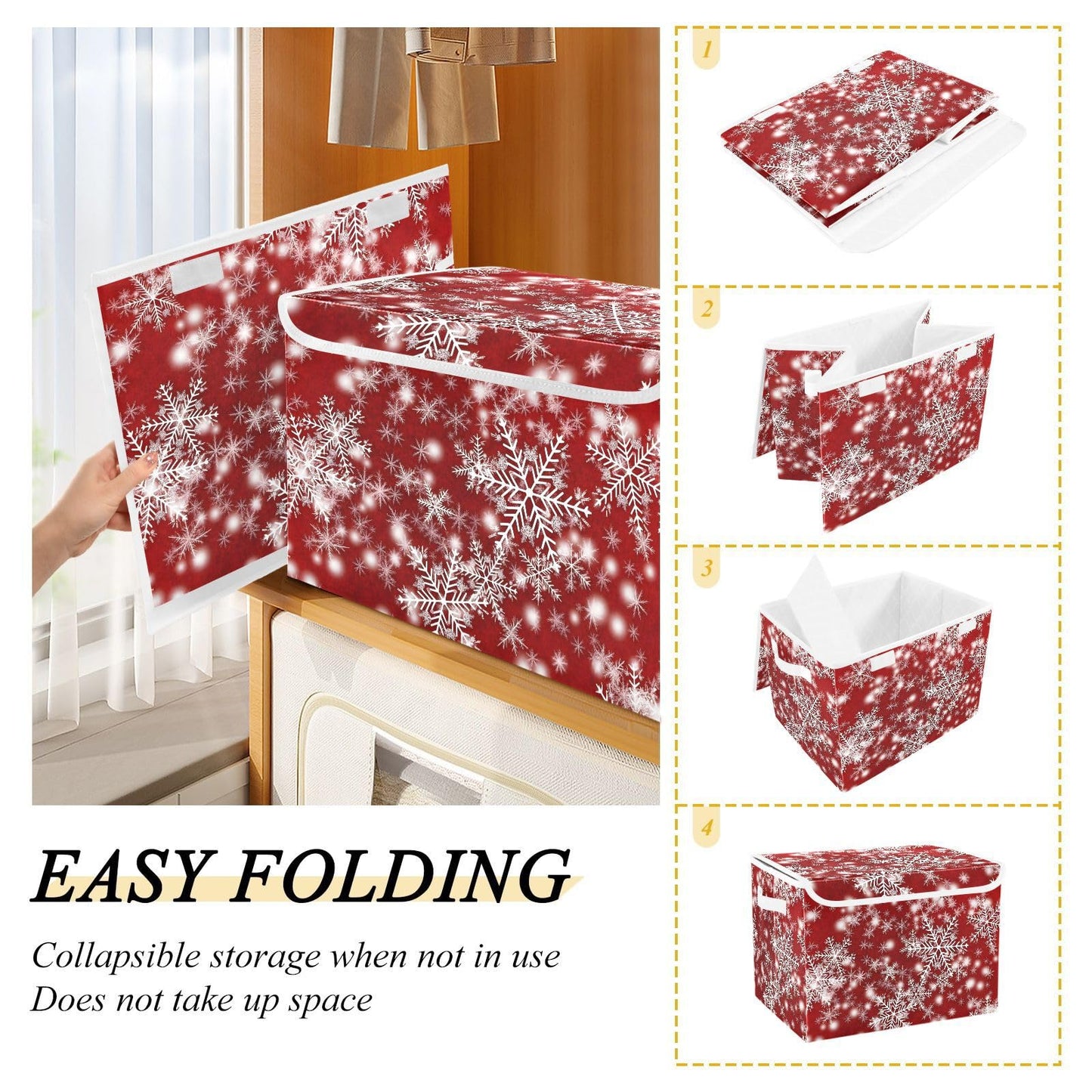 senya Christmas Baskets Collapsible Storage Bins with Lids, Christmas Background with Snowflakes Red Storage Boxes Clothes Baskets for Organizing
