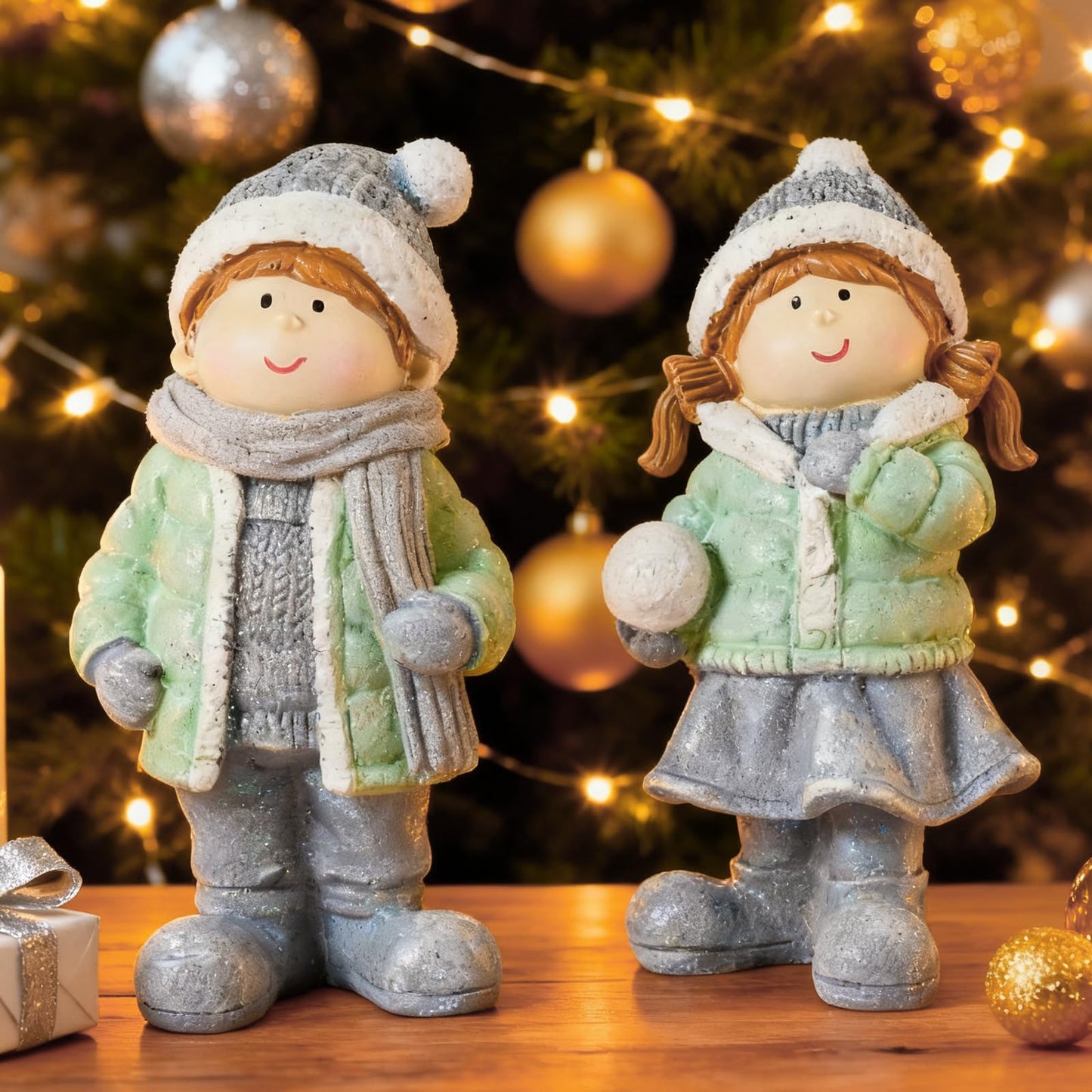 Brizoria Miniature People Figurines Set of 2 Glitter Resin Boy and Girl Winter Decorations for Home Indoor Tabletop Mantel Shelf Cute Christmas Home Decor Small Tiny People Figurines