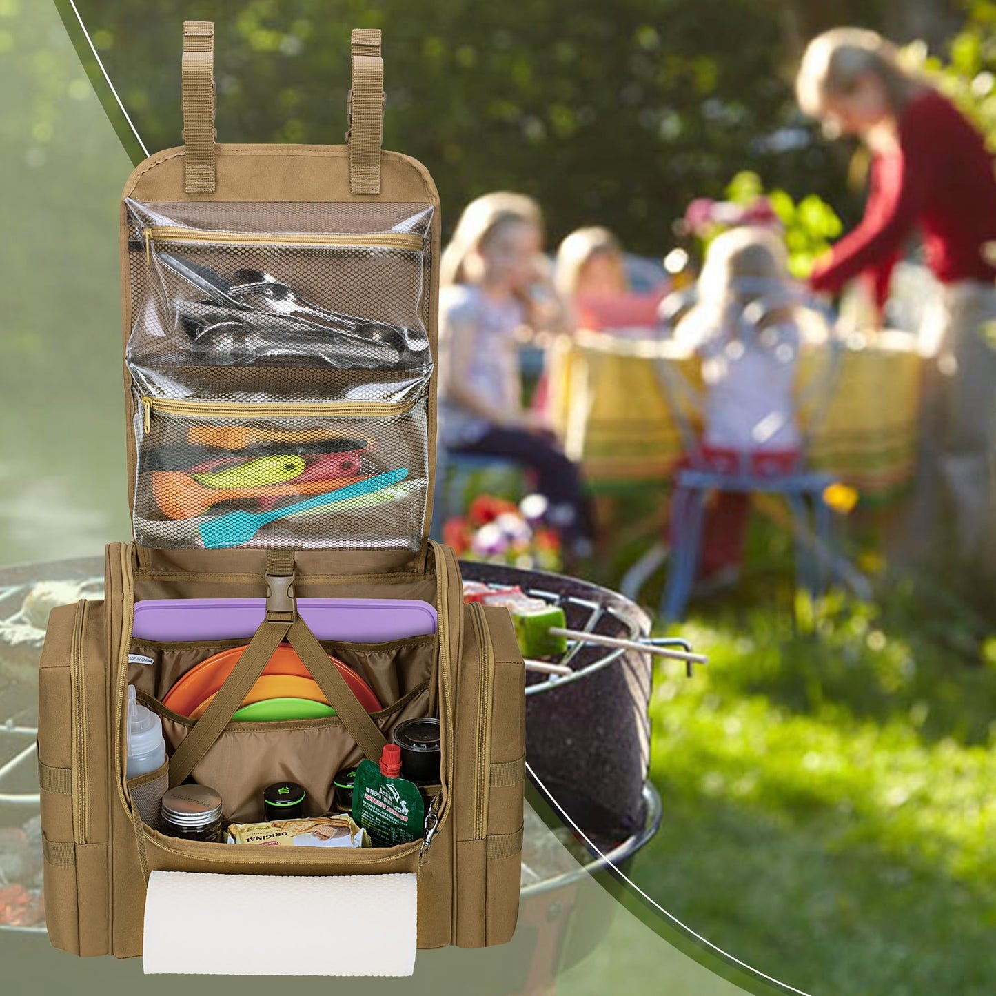 HODRANT Large Tactical Camping Kitchen Organizer, Hanging Cookware Storage Bag with Paper Towel Holder & Multi Pockets, Portable Camp Utensil Organizer for BBQ Cooking Essentials, Khaki, Bag Only