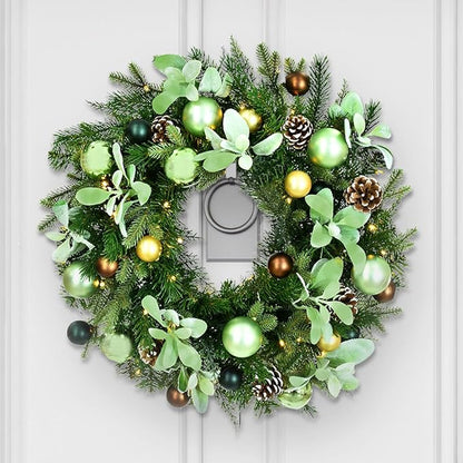 Fraser Hill Farm 24-in. Prelit Holiday Wreath with Pinecones and Metal Ornaments, White Micro-LED Light-Up Design for Indoor or Covered Outdoor Use on Porch, Patio, Kitchen
