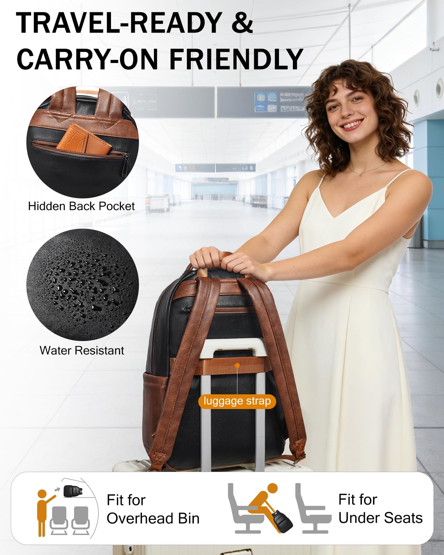 Bluome 43L Work Backpack for Women Men, Laptop Vegan Leather Backpack Purse with 15.6–17 Inch Laptop, Multi-Pocket Bookbag for Office Travel Gym Weekend Overnight Bag, Black&Brown
