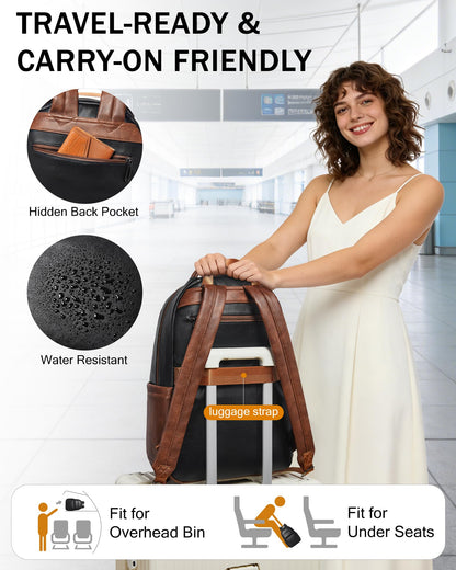 Bluome 43L Work Backpack for Women Men, Laptop Vegan Leather Backpack Purse with 15.6–17 Inch Laptop, Multi-Pocket Bookbag for Office Travel Gym Weekend Overnight Bag, Black&Brown