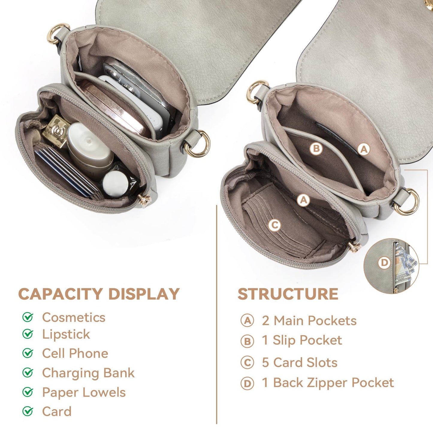 BOSTANTEN Small Crossbody Bags for Women Cell Phone Purse Leather Wallet Handbags with Card Slots Grey
