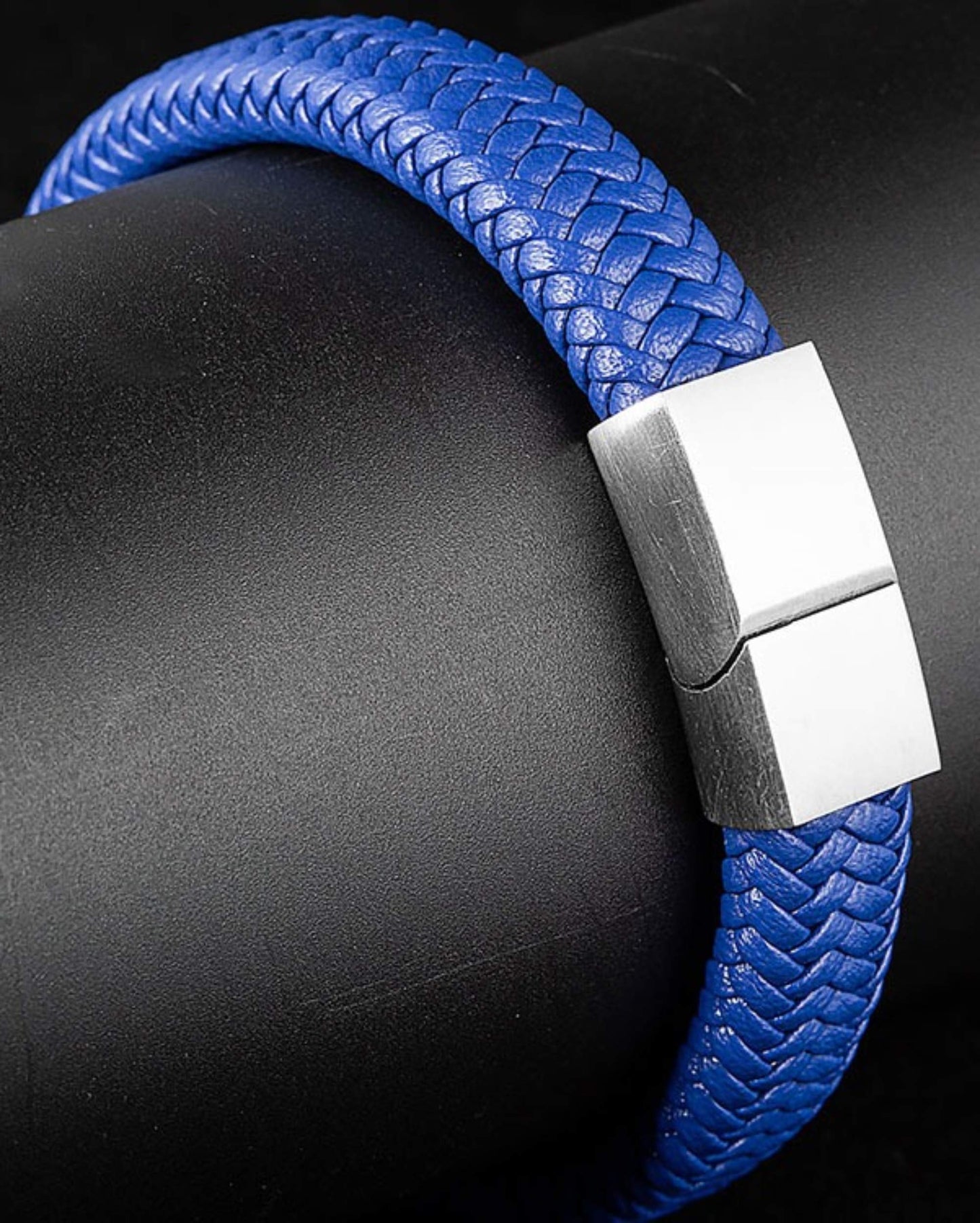 My Daily Styles Mens Blue Genuine Leather Bracelet with Stainless Steel 8" Silver