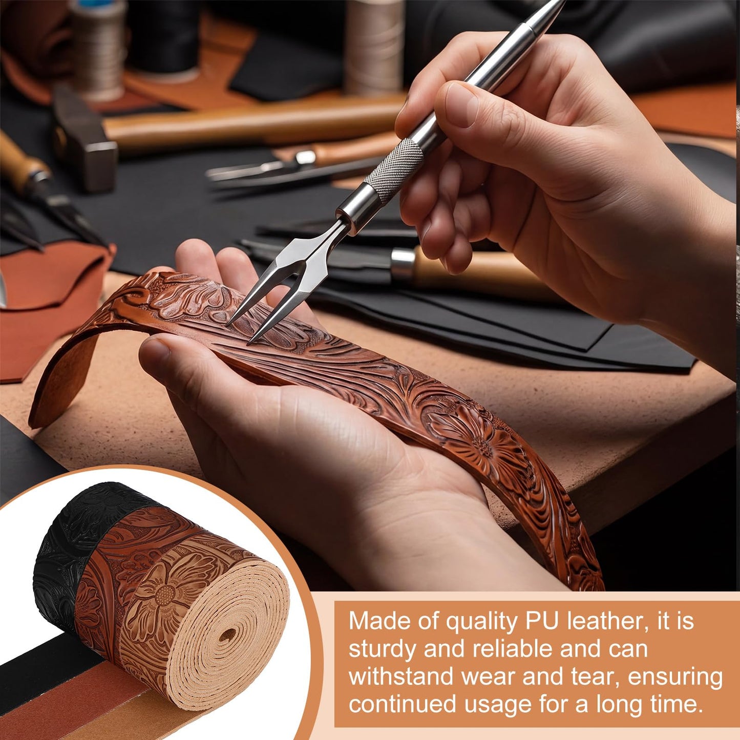 Eccliy 1 Inch 3 Pack Embossed Faux Leather Strips for Crafts 2 mm Thickness 78.7 Inches Long Leather Straps Vintage Western Bump Texture for DIY Belt Tooling Earrings Bows Projects (Earthy)