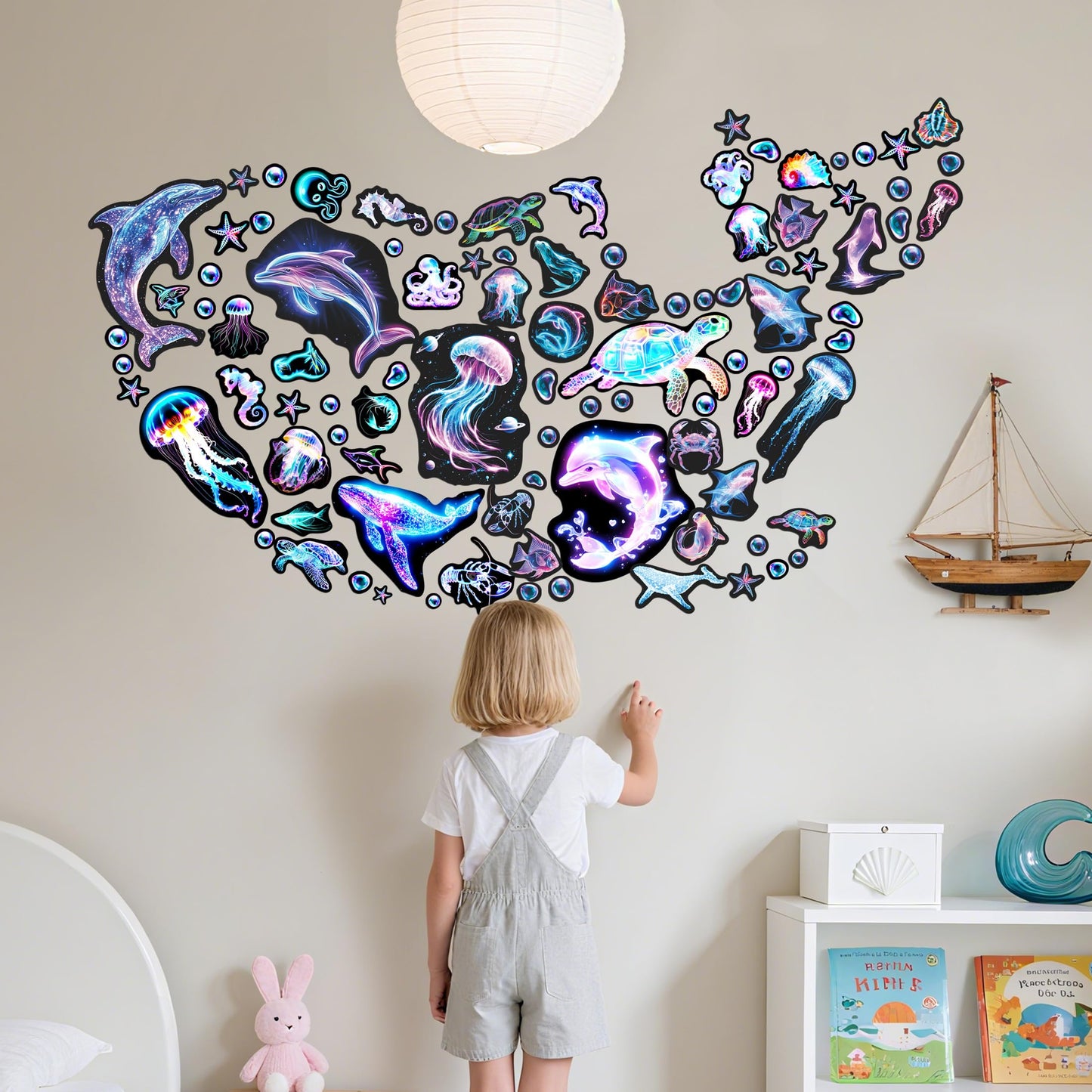 Fantasy Ocean Fish Wall Decals Glow in The Dark, Colorful Neon Ocean Animal Wall Stickers for Kids, Waterproof Vinyl Sea Creature Stickers, Ceiling Walls Room Bathroom Bedroom
