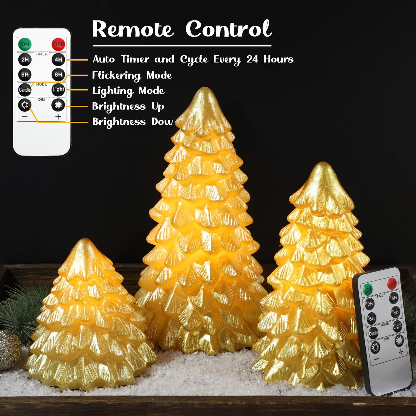 FLAVCHARM Gold Christmas Tree Flameless Candles with Remote Battery Operated Flickering LED Tabletop Lighted Xmas Tree Figurines for Fireplace Home Decor Indoor Holiday Christmas Gifts