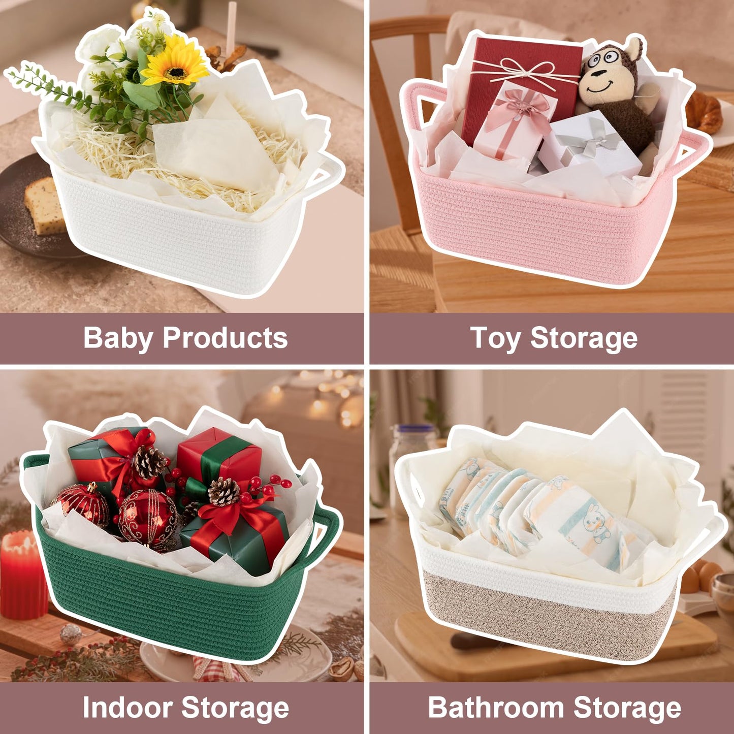 OIASKET Basket for Gifts Empty, Woven Storage Basket with Gift Bag, Ribbon and Wrap Tissue Paper, Small Rope Toy Storage with Handles for Christmas, Baby Shower, Dog Toy Organizer, 13.6" x 10" x 5.9”