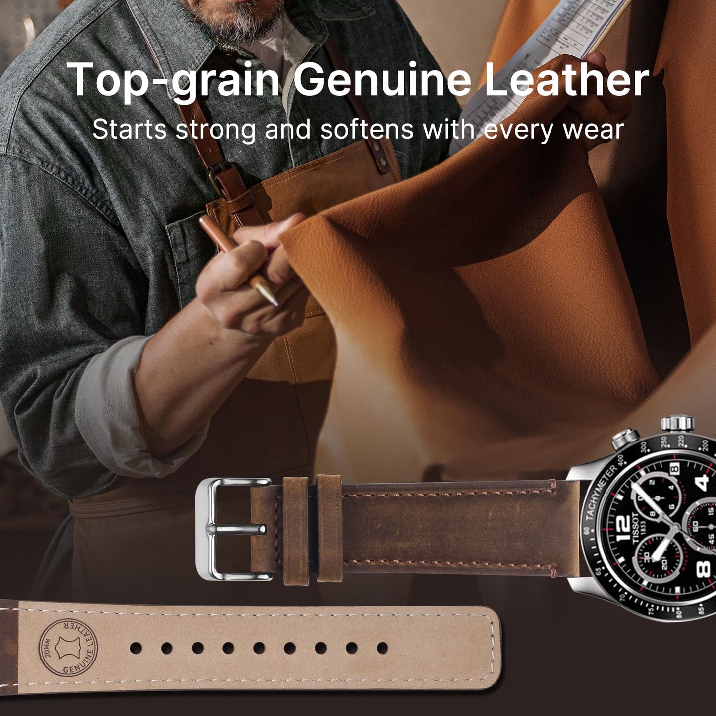 Fullmosa 18mm 20mm 22mm 24mm Leather Watch Bands, 2 Pack Soft Quick Release Watch Strap Compatible with Garmin Vivoactive 5/6/4/3, Venu 4/3S/2S, Samsung Galaxy Fossil Amazfit for Men Women,20mm Saddle Brown&Silver/Black&Silver