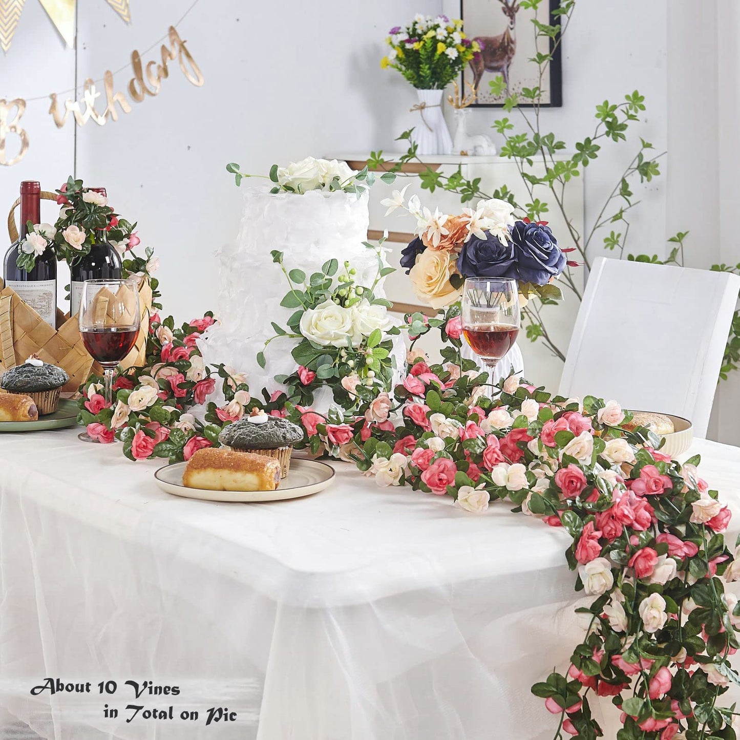 PONKING Flower Garland 8 Pcs x 8.2 ft Artificial Rose Vine Flowers with Green Leaves Hanging Fake Roses Vine for Room Party Home Wedding Birthday Christmas Wall Arch Decor, Spring Pink Flower